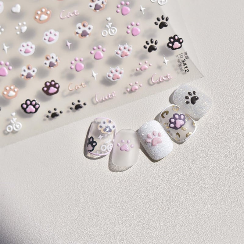 LRKNNO Cat Paw Nail Art Stickers Decals 5D Self-Adhesive Nail Decals Pink Embossed Cat Paw Nails Design Stickers Cute Nails Art Supplies for Women Girls Manicure Decorations - Image 3